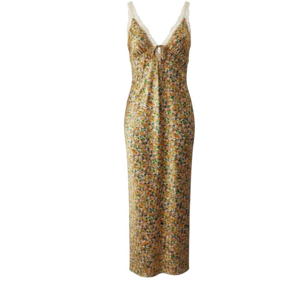 Floral Satin Lace Trim Maxi Slip Dress Multicolor L Coquette 90's